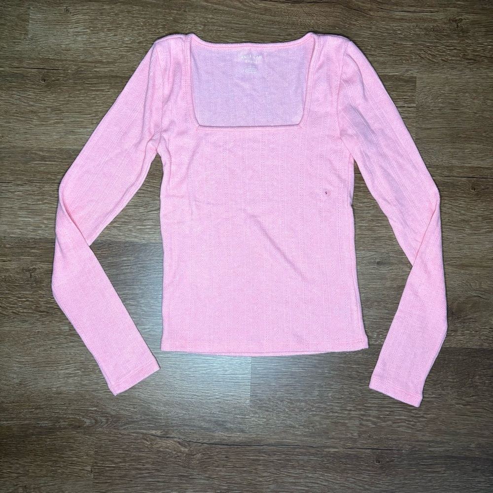 New American Eagle Pink Long Sleeve Pointelle Top size S